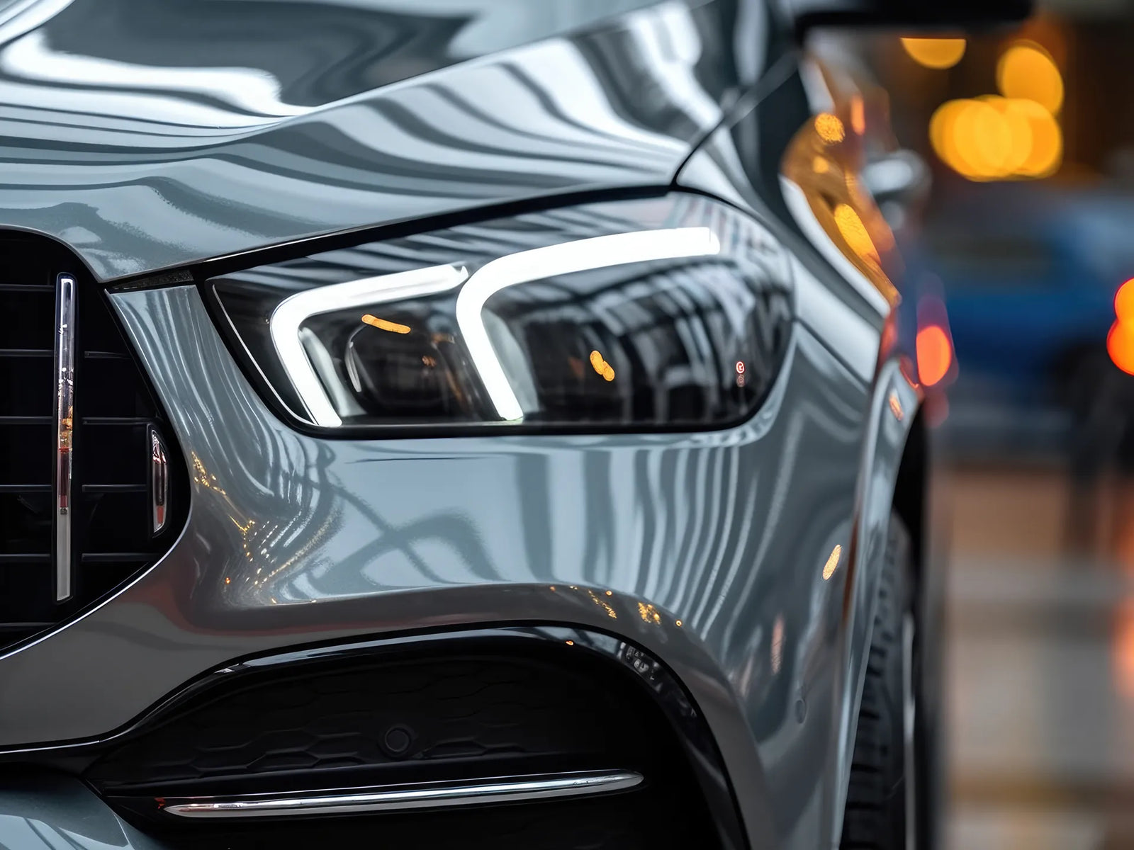 Close-up of a car's headlight with blurred lights in the background